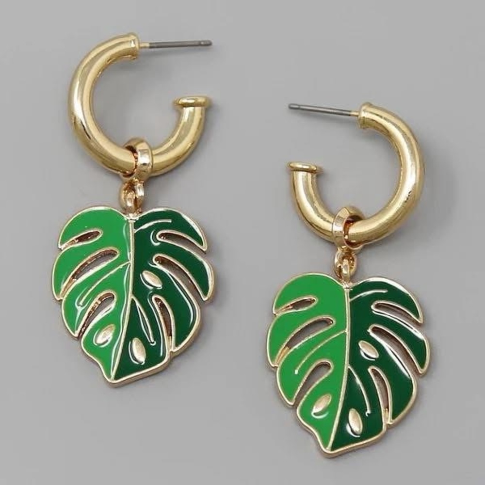 Gold and Green Leaf Hoop Earrings